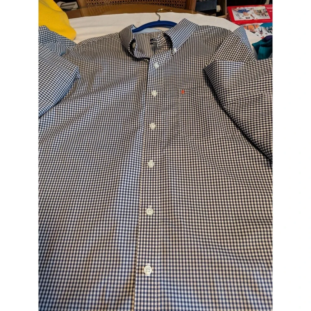 IZOD Mens 3XL Blue White Micro Check Long Sleeve Button Down Dress Shirt Logo